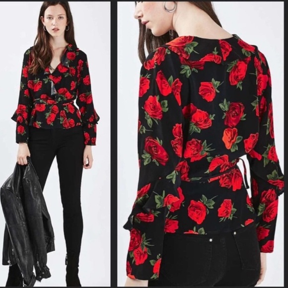 Guess by Marciano | Tops | Stunning Guess Black Red Floral Wrap Ruffle ...